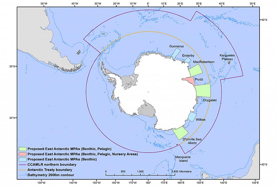 Die antarktischen Meeresschutzgebiete wurden an jedem Treffen der CCAMLR verkleinert und angepasst. Trotzdem wurden sie nicht angenommen, vor allem durch das Veto von China, der Ukraine und Russland, die weitere Änderungen verlangt hatten. Karte: AOA