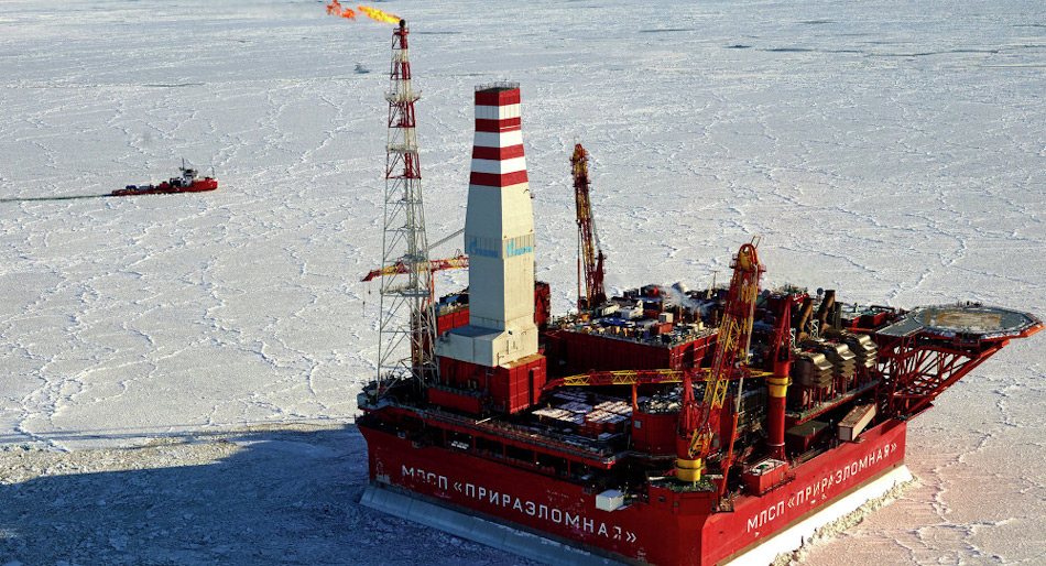 Das Prirazlomnoye-Ölfeld liegt ind er Pechorasee, südlich von Nowaja Zemlya. Die Plattform selbst wurde 2013 in Betrieb genommen und war die erste ihrer Art für die Förderung von russischem Öl. Bild: Sputnik / Alexei Danichev