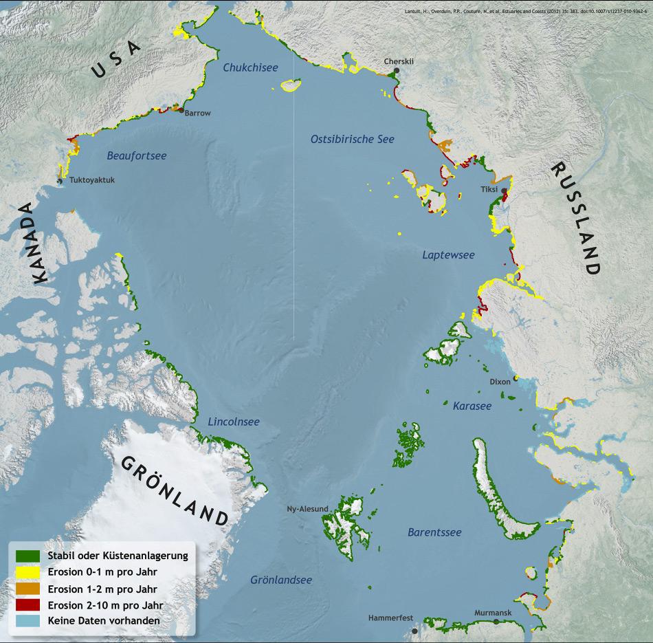 Karte zum AusmaÃ der Erosion von Permafrost-KÃ¼sten in der Arktis. Erstmals verÃ¶ffentlicht wurde diese Karte im Fachartikel: H. Lantuit et al (2011): The Arctic Coastal Dynamics Database: A New Classification Scheme and Statistics on Arctic Permafrost Coastlines, Estuaries and Coasts, DOI: 10.1007/s12237-010-9362-6