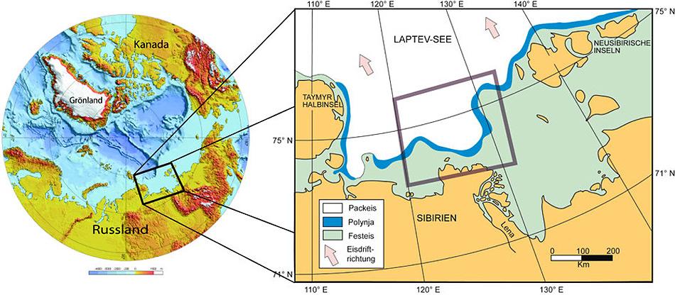 Das Arbeitsgebiet befindet sich nördlich des Lenadalta in der Laptev-See