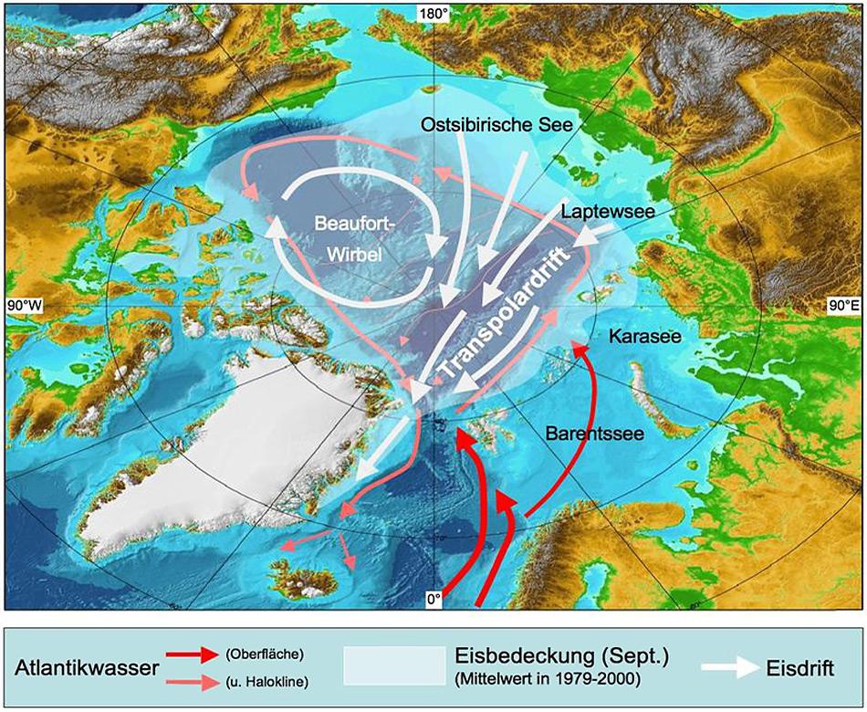 Die sibirische Laptewsee und die Framstrasse zwischen Spitzbergen und Grönland sind durch die Transpolardrift verbunden. Auch hier sind bereits Auswirkungen des Klimawandels zu beobachten.