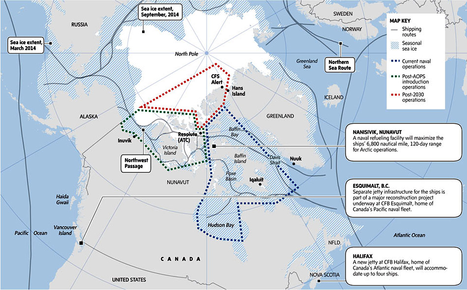 Die PlÃ¤ne sehen eine Ausweitung der Operationen in arktischen GewÃ¤ssern durch den Einsatz der AOPS bis zum Nordpol bis 2030 vor (rote Linie). Bild: The Globe and Mail